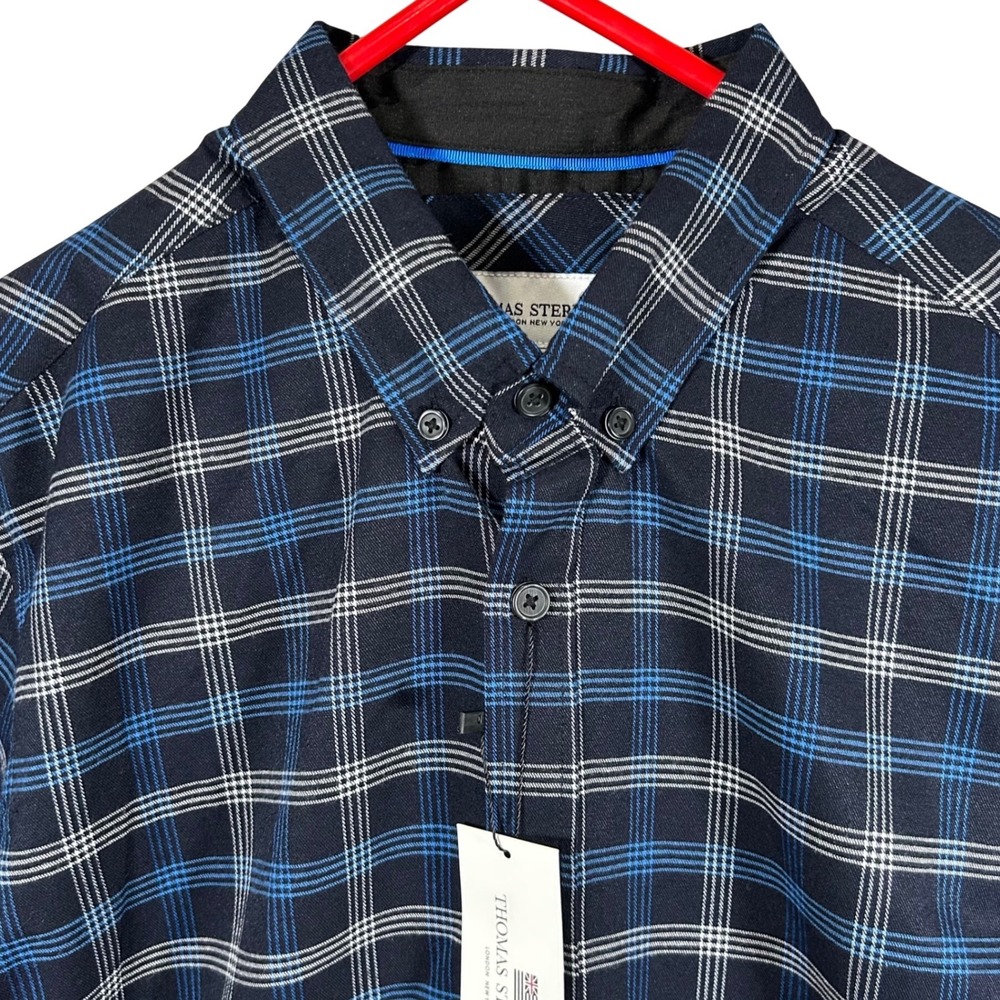 Thomas Sterling Mens Medium Plaid Button Down Shirt Navy Blue Long Sleeve New